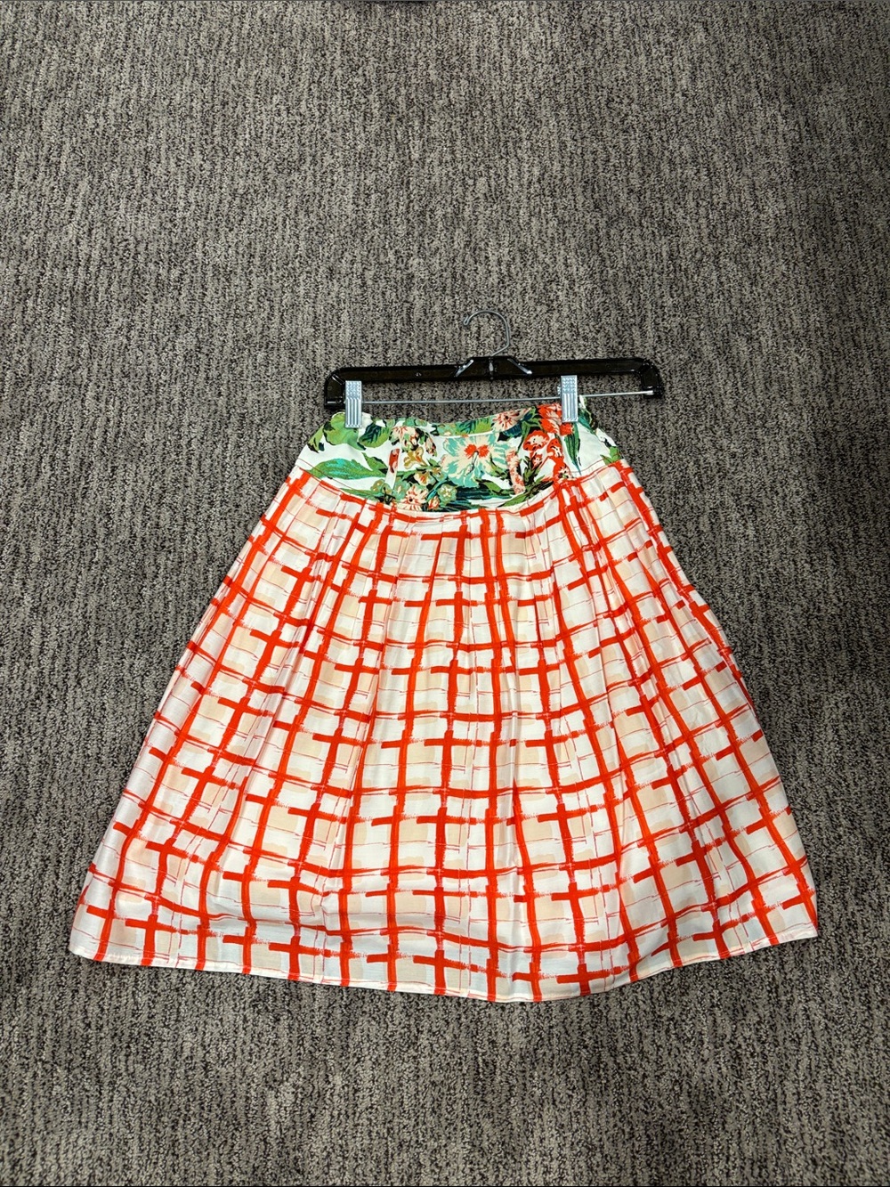 Maeve A-Line Skirt with Red Grid Print and Floral Waistband